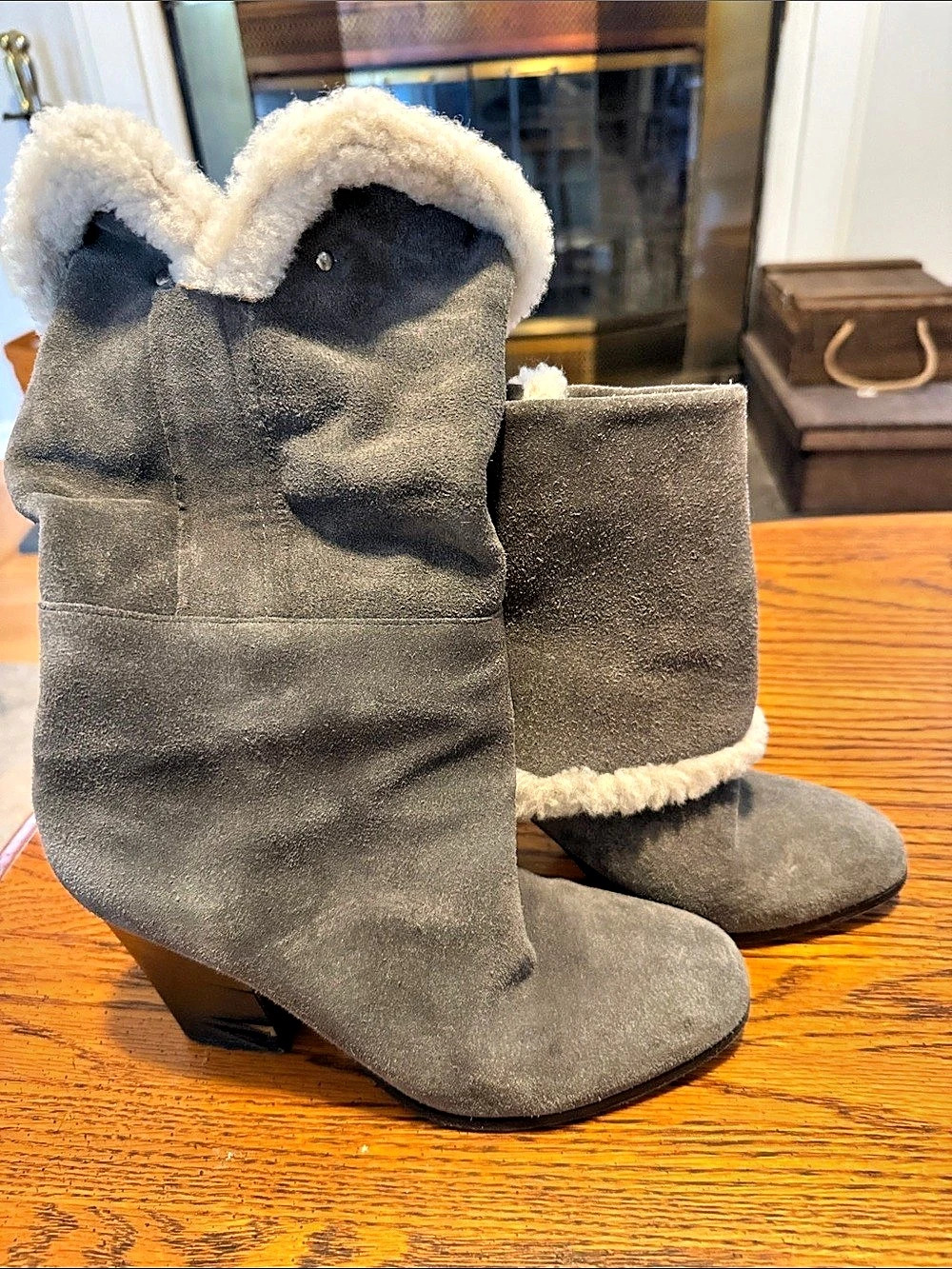 Sigers Morrison Gray Shearling-Trim Heeled Boots size 6
